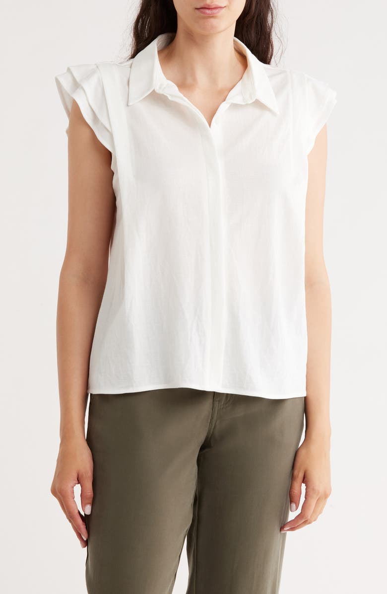 Bobeau Cap Sleeve Piqué Button-Up Top, Main, color, White