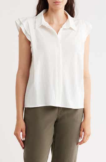 Bobeau Cap Sleeve Piqué Button-Up Top