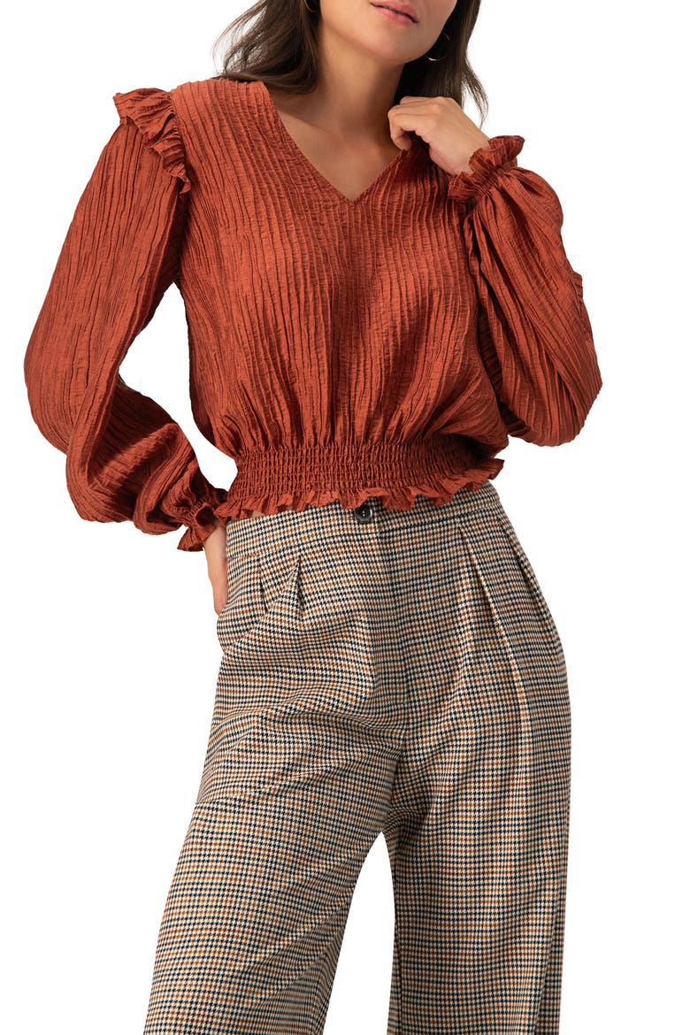 V-Neck Smocked Blouse with Ruffle Sleeves, Main, color, Chedron
