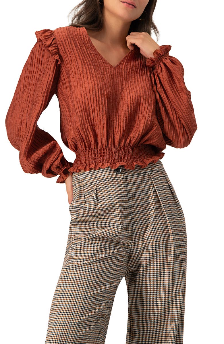 IVONNE V-Neck Smocked Blouse with Ruffle Sleeves, Main, color, Chedron