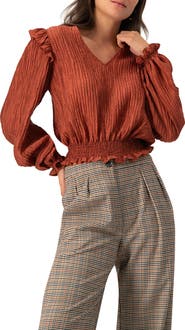 IVONNE V-Neck Smocked Blouse with Ruffle Sleeves