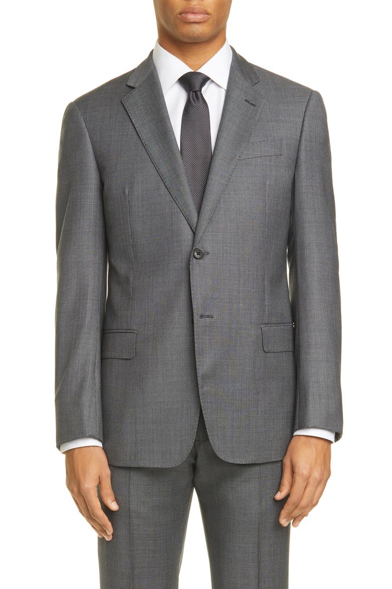 G Line Trim Fit Solid Wool Suit, Alternate, color, MID GREY