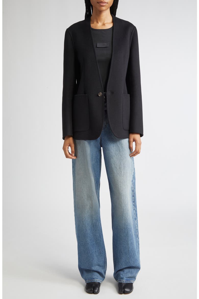 Collarless Single Breasted Virgin Wool Blazer, Alternate, color, BLACK