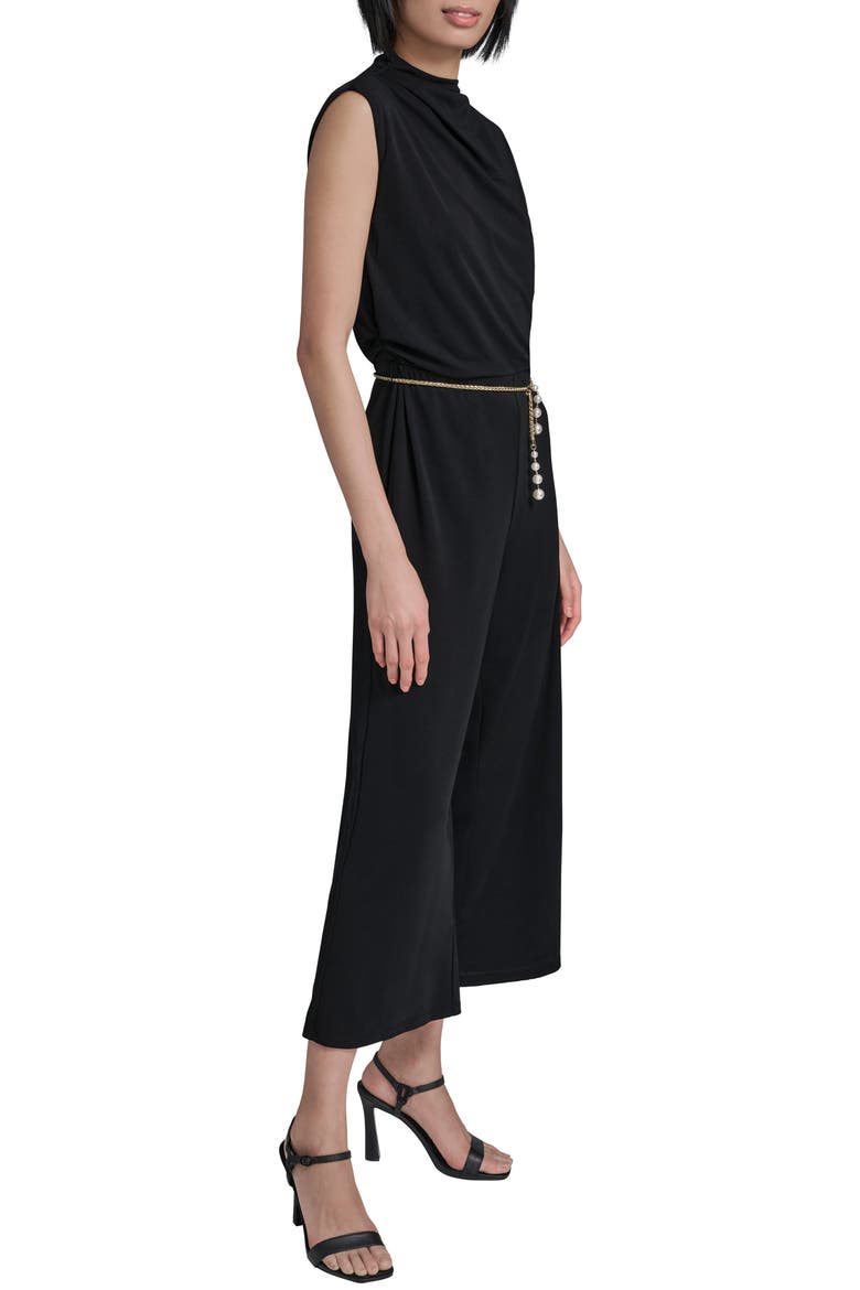 Jersey Jumpsuit with Faux Pearl Chain Belt, Alternate, color, BLACK