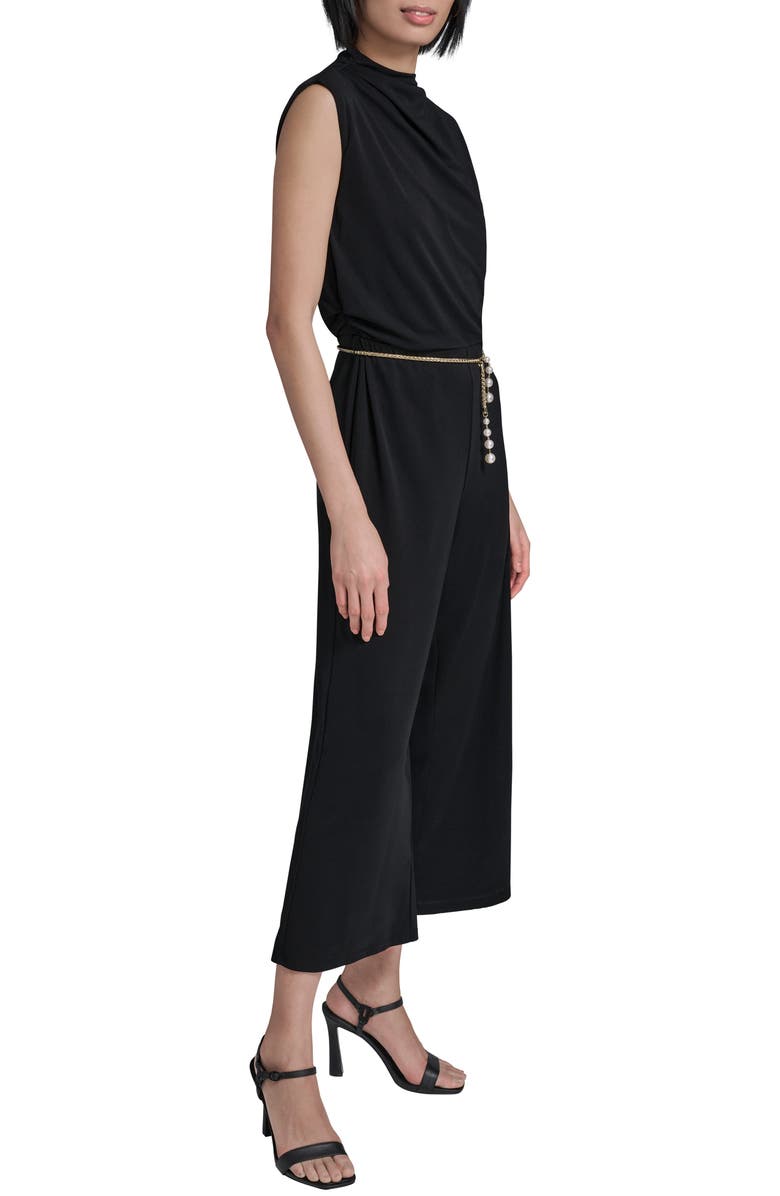 KARL LAGERFELD Jersey Jumpsuit with Faux Pearl Chain Belt, Alternate, color, Black