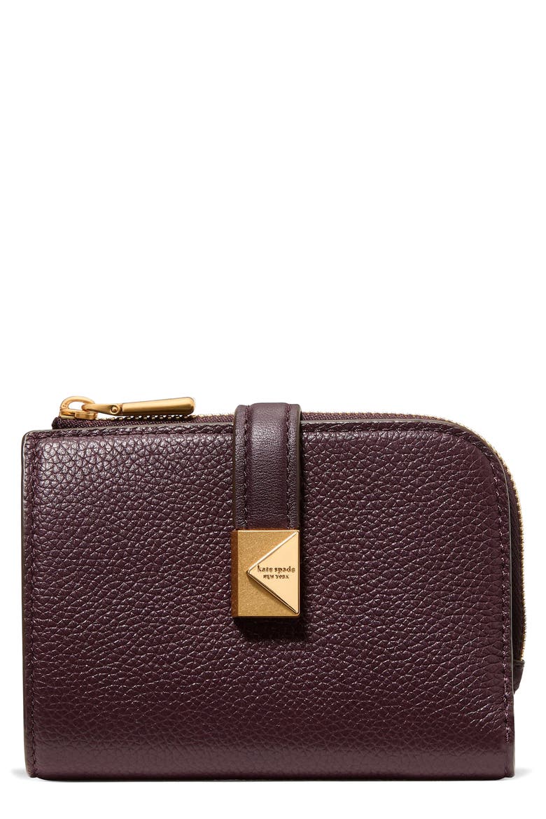 deco pebbled leather bifold wallet, Main, color, BLACKBERRY JAM
