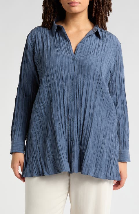 Classic Collar Pleated Longline Silk Button-Up Shirt (Plus)
