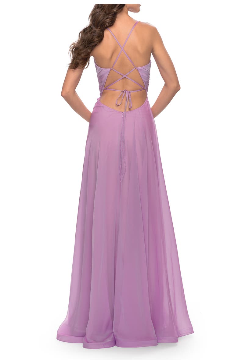 La Femme Chiffon Prom Dress with Ruched Bodice and Slit, Alternate, color, Lavender