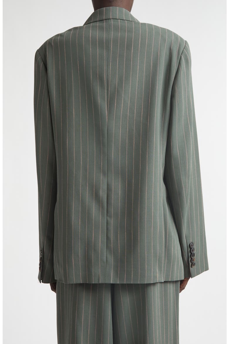 Pinstripe Double Breasted Virgin Wool & Cotton Crepe Blazer, Alternate, color, FOREST