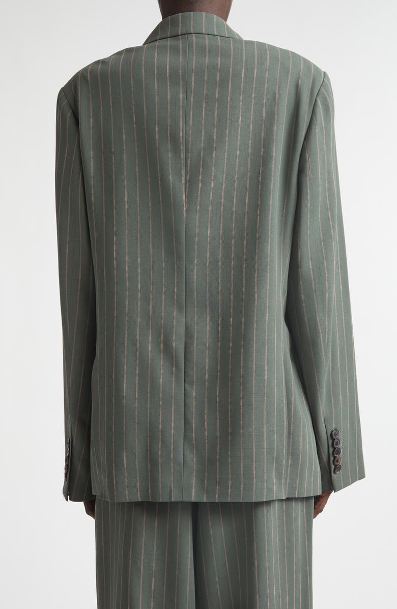 Dries Van Noten Pinstripe Double Breasted Virgin Wool & Cotton Crepe Blazer, Alternate, color, Forest