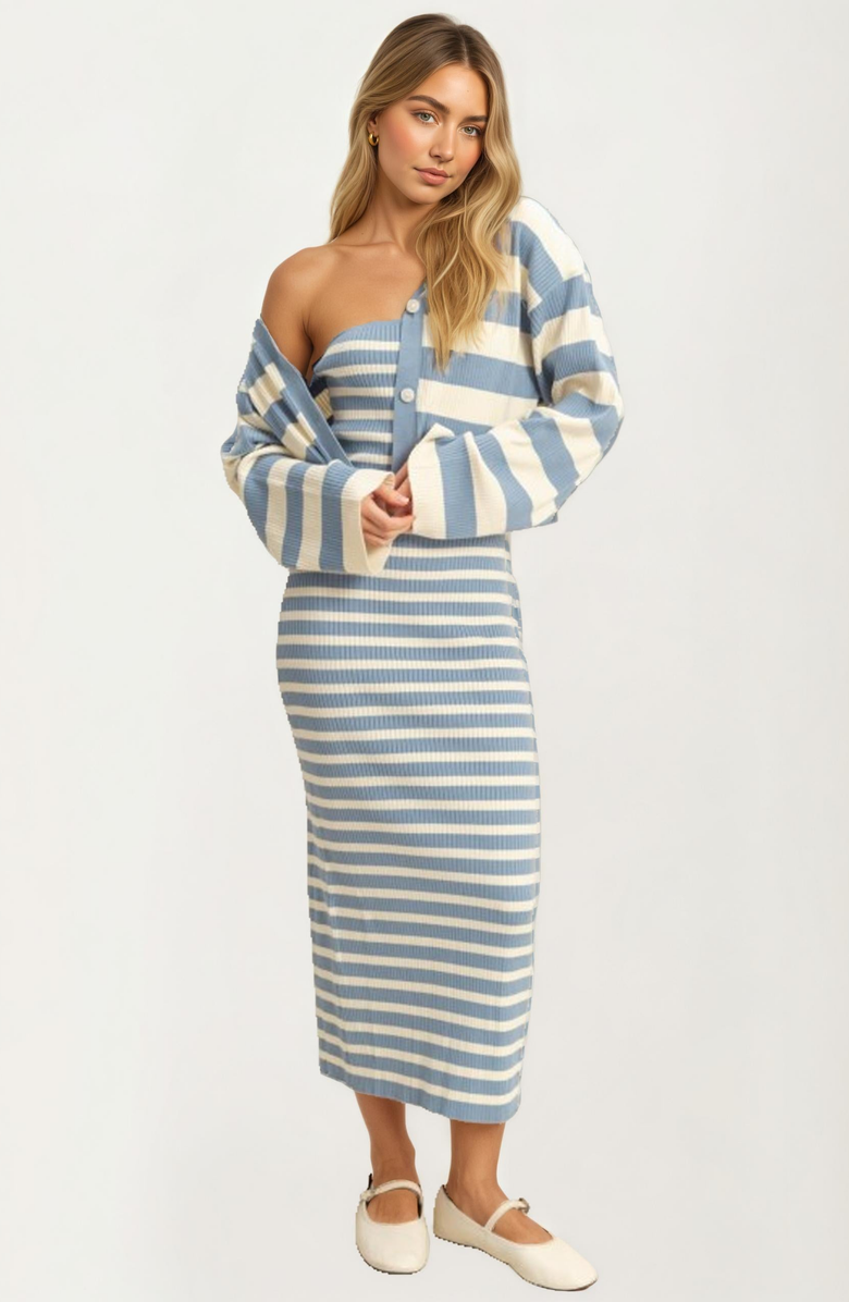 Knit and Lounge Striped Knit Midi Dress and Cropped Cardigan Set, Alternate, color, 