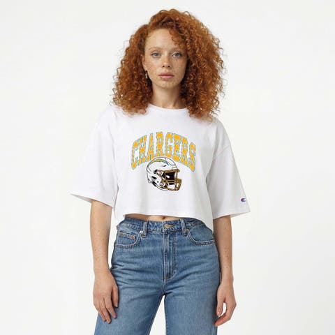 Women's Champion  White Los Angeles Chargers Boyfriend Cropped T-Shirt