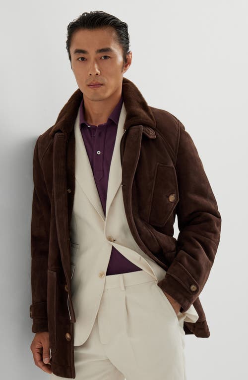 Brunello Cucinelli Men Tone-on-tone Suede Shearling Coat In Brown