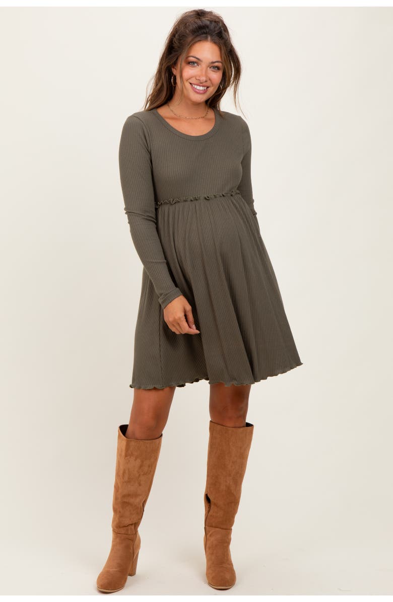 PinkBlush Solid Ribbed Long Sleeve Crewneck Shirring Mini Dress, Main, color, Olive Green