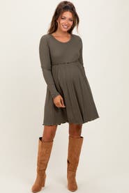 PinkBlush Solid Ribbed Long Sleeve Crewneck Shirring Mini Dress
