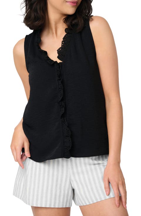 Embroidered Eyelet Trim Button-Up Top