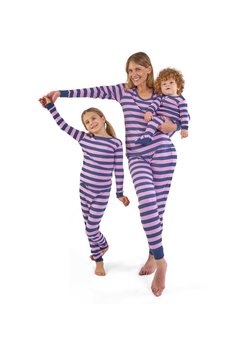 Leveret Kids Footed Striped Cotton Matching Family Pajamas, Alternate, color, Purple & Navy