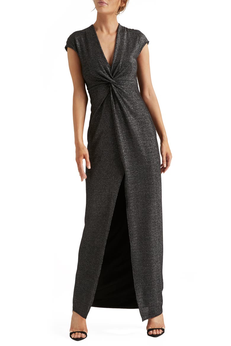 Heritage Metallic Twist Front Jersey Gown, Main, color, BLACK/ SILVER
