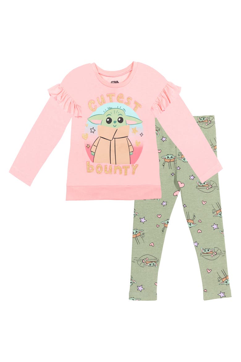 The Mandalorian Grogu 2-Piece Long Sleeve Tee and Leggings Set, Main, color, Grogu Pink Sage Green