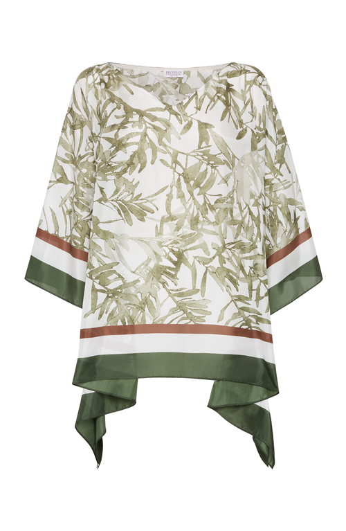 Brunello Cucinelli Silk Pongee Herbarium Print Blouse In Green