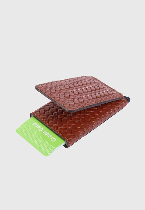 Furniq Uk Genuine Leather Weave Pattern Card Holder In Brown