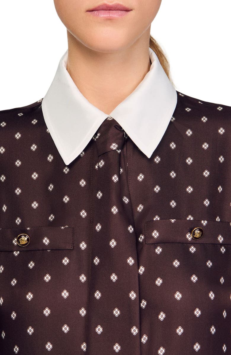 SANDRO Printed satin-effect short dress, Alternate, color, Brown / White