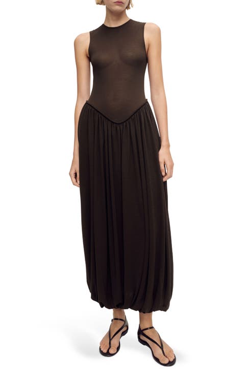 Semisheer Mixed Media Cotton Blend Maxi Dress