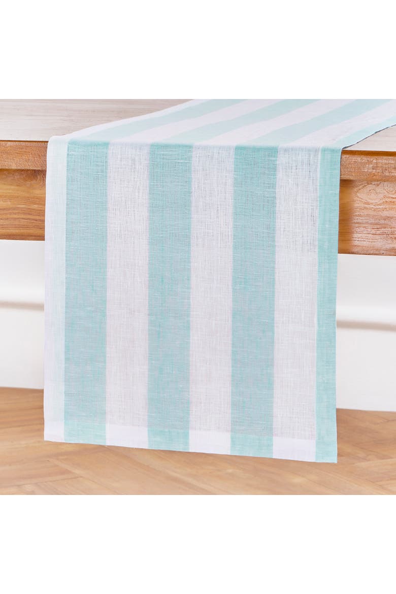 Linen Table Runner - Cabana Stripe, Alternate, color, Aqua and White