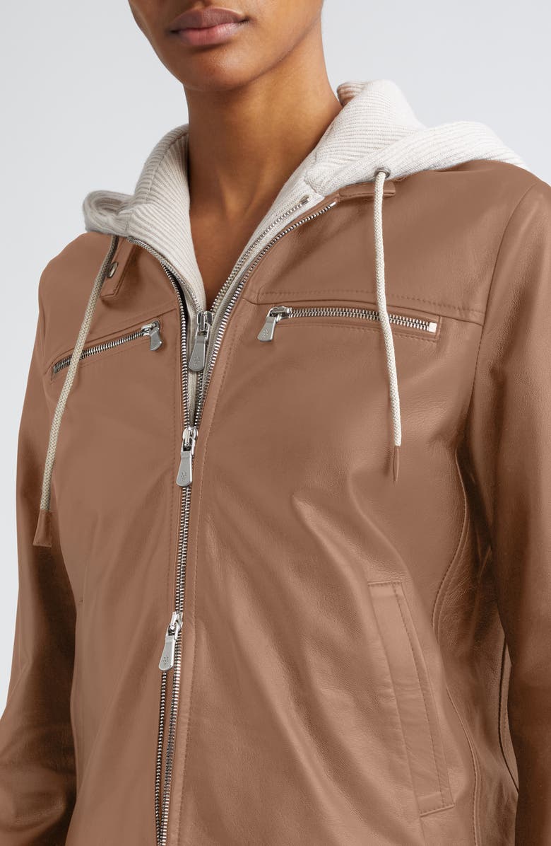 Eleventy Leather Biker Jacket with Removable Hooded Bib, Alternate, color, 