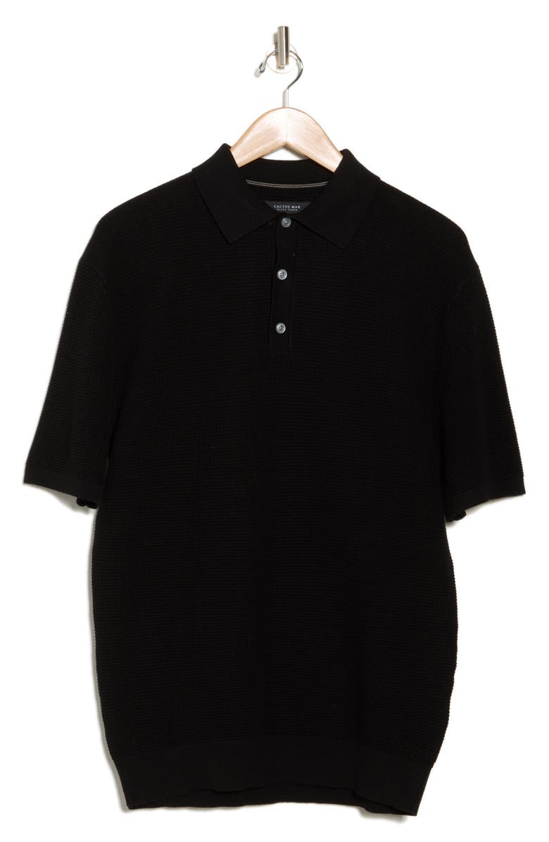 DENIM AND FLOWER Black Short Sleeve Textured Cotton Polo Sweater, Alternate, color, Black