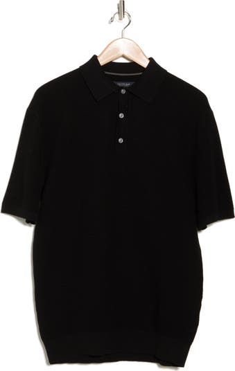 Black Short Sleeve Textured Cotton Polo Sweater
