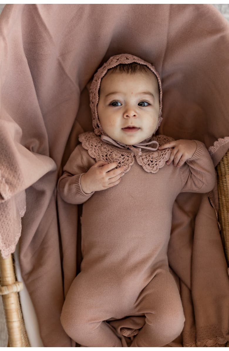 Bebe Bella Girl Knit Crochet Blanket with Crochet Hem Trim, Alternate, color, Rose Cloud