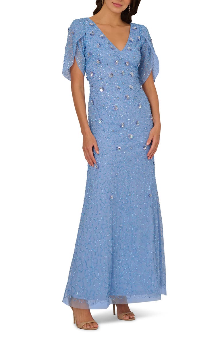 Adrianna Papell Beaded Petal Sleeve Evening Gown, Main, color,