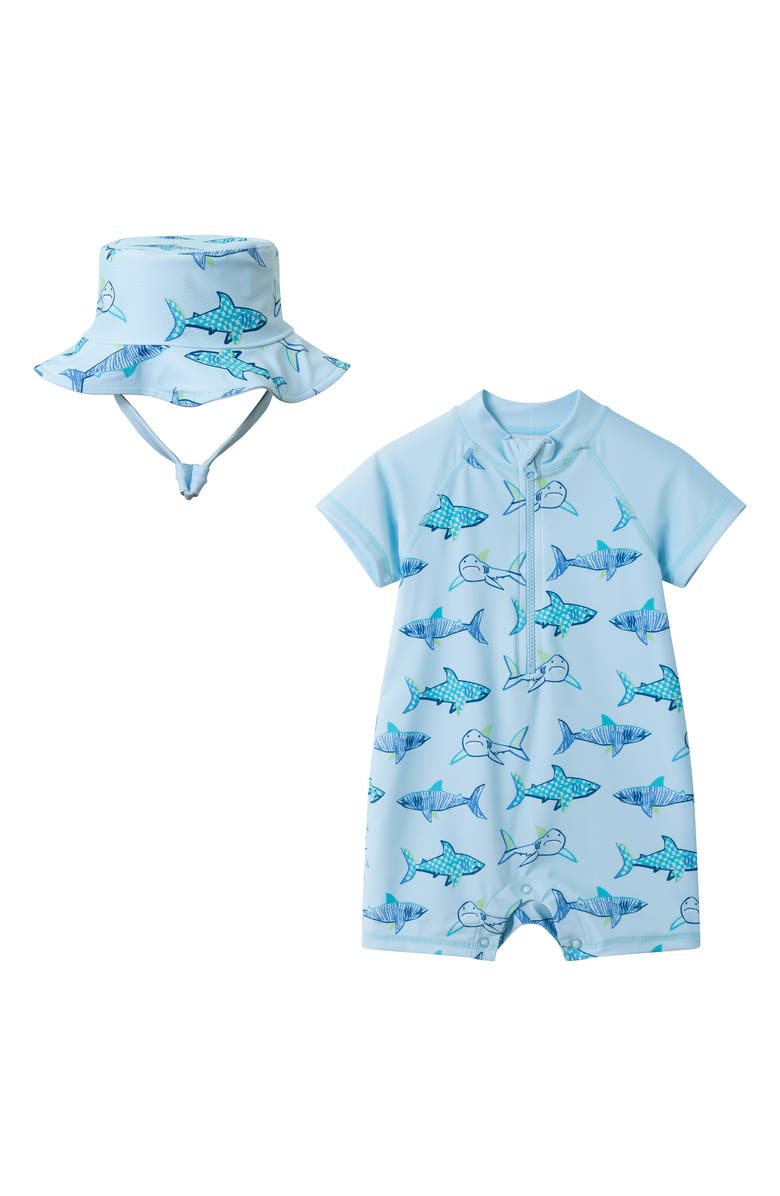 Andy & Evan Long Sleeve One-Piece Swimsuit & Sun Hat, Main, color, Aqua Shark