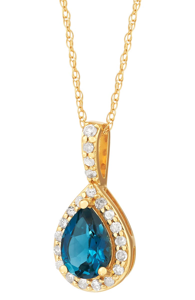 Frankie & Zoe 10K Yellow Gold Pear Cut London Blue Topaz & Diamond Halo Pendant Necklace, Alternate, color, Blue/ Yellow Gold