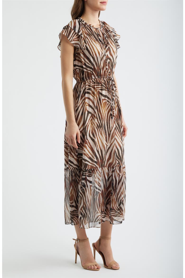 Flutter Sleeve Midi Dress, Alternate, color, BROWN MULTI