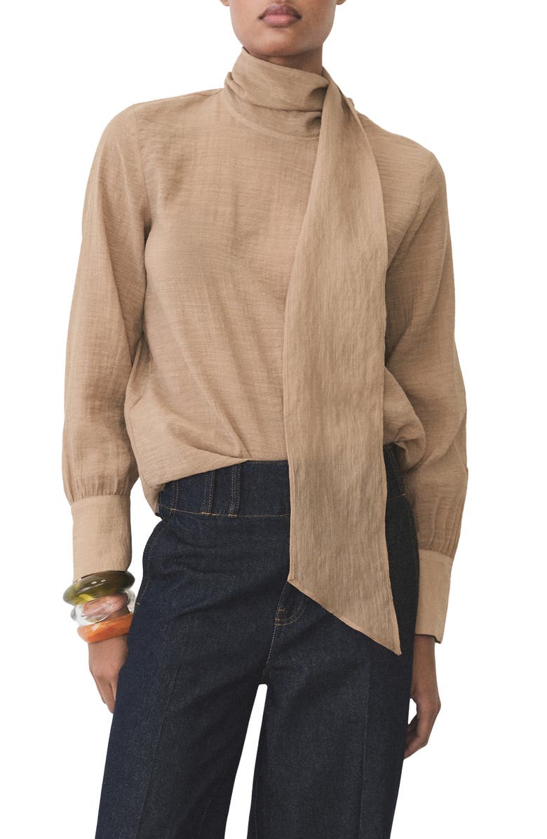 MANGO Long Sleeve Bow Neck Shirt, Main, color, 