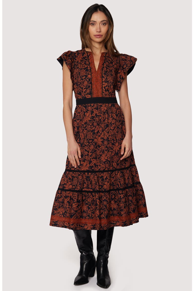 Lady of Siena Floral Cap Sleeve Cotton Midi Dress, Alternate, color, BROWN-FLORAL