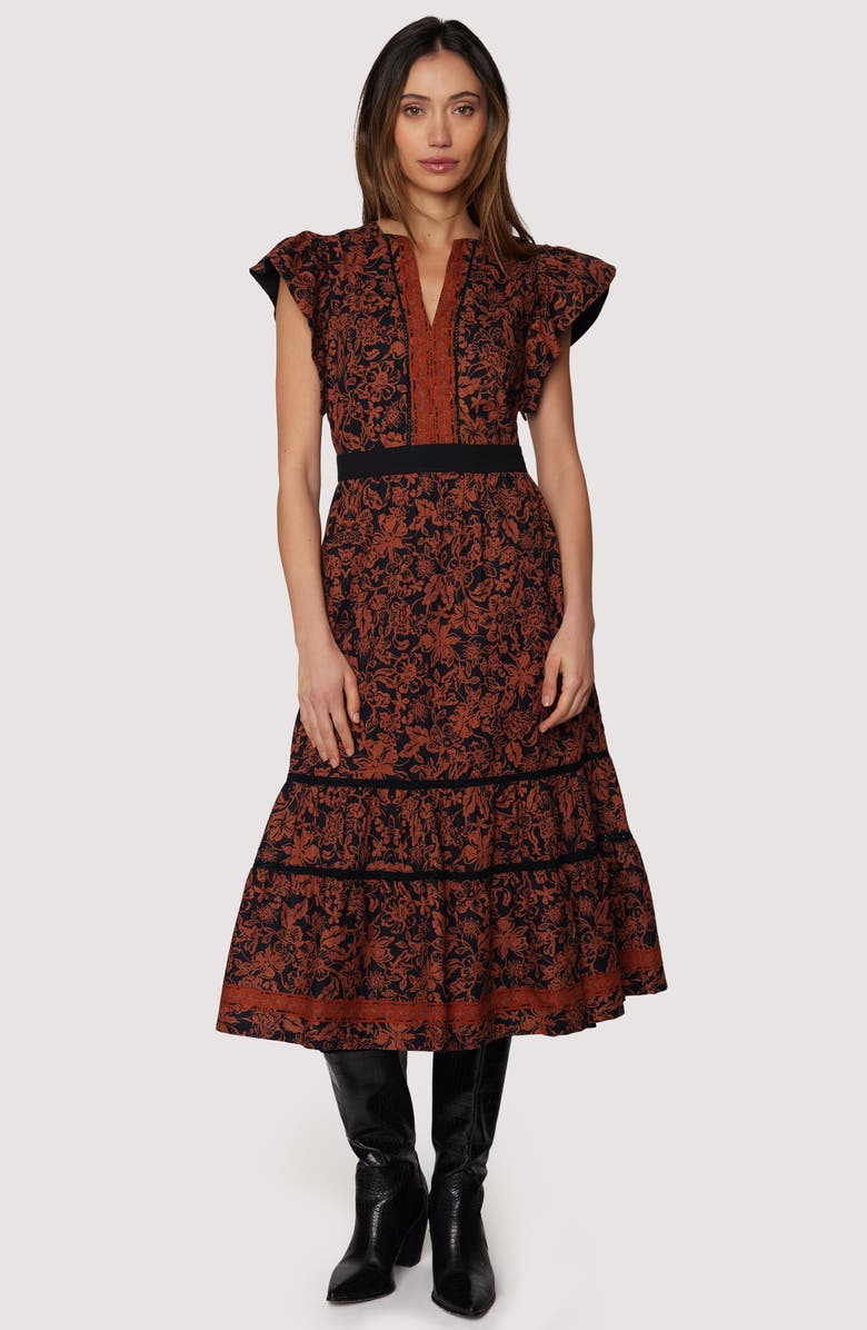 Lost + Wander Lady of Siena Floral Cap Sleeve Cotton Midi Dress, Alternate, color, Brown-Floral