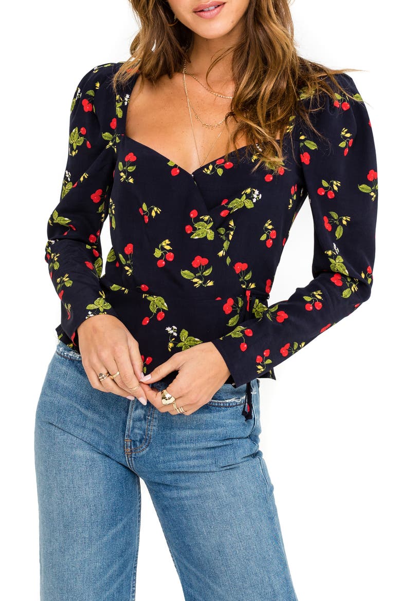 Sweetheart Wrap Front Top, Main, color, NAVY CHERRY PRINT
