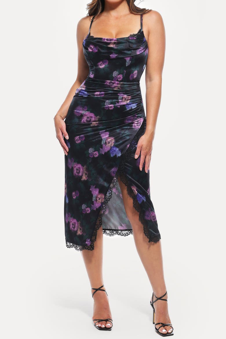 Resort-Ready Lace Trim Sculpting Floral-Print Midi Shaper Dress, Alternate, color, Nocturne Floral
