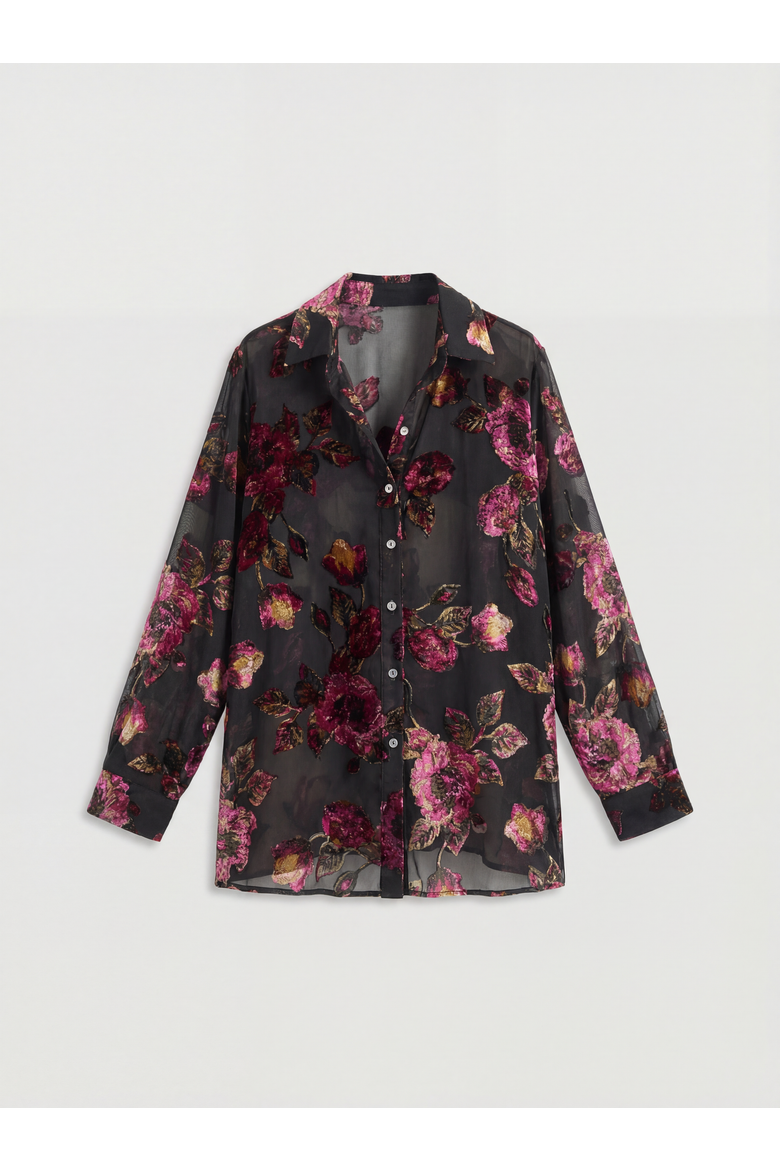 Devore Oversized Sheer Floral Shirt, Alternate, color, Black
