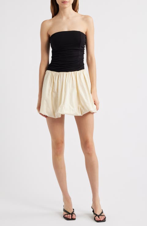Strapless Bubble Hem Mixed Media Minidress