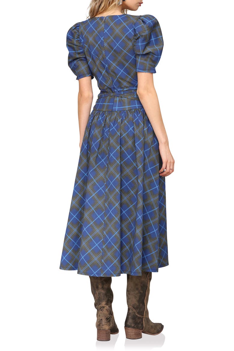 puff sleeve belted midi dress Navy Striped Puff Sleeve Belted Dress