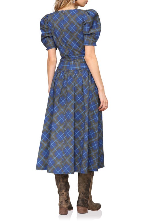 Avec Les Filles Plaid Puff Sleeve Tie Belt Stretch Cotton Midi Dress In Blue