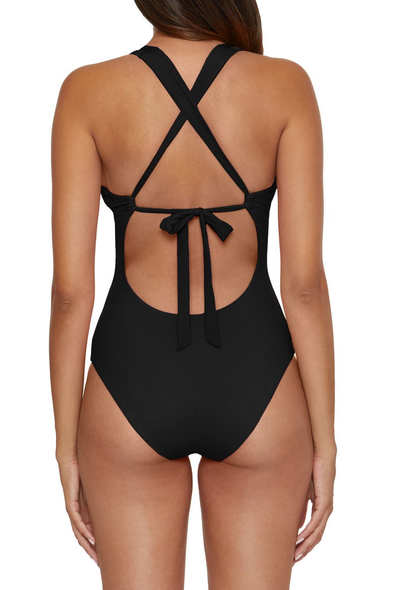 Modern Edge Lace-Up Plunge One-Piece Swimsuit, Alternate, color, BLACK