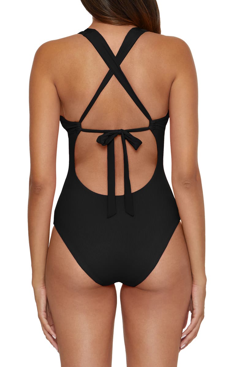 Becca Modern Edge Lace-Up Plunge One-Piece Swimsuit, Alternate, color, Black