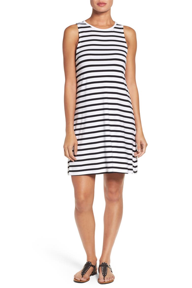 Stripe Sleeveless A-Line Dress, Main, color, WHITE/ BLACK