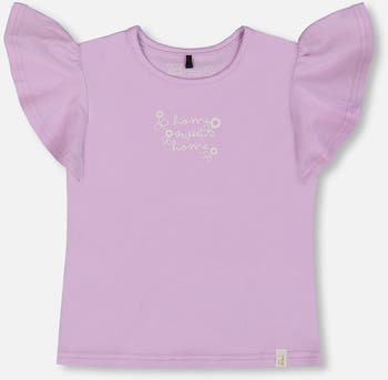 Deux Par Deux Jersey Top With Frill Sleeves - Printed Off White Flowers