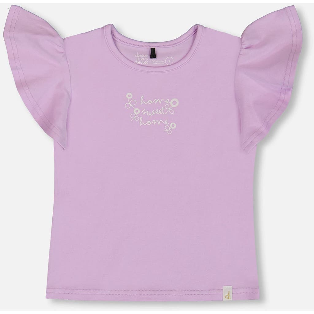 DEUX PAR DEUX DEUX PAR DEUX LITTLE GIRL'S FLUTTER SLEEVE TOP WITH PRINT LILAC